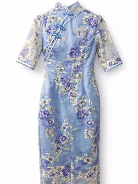 Light Blue Satin Qipao Cheongsam Dress Purple Embroidery Women’s L Midi Long